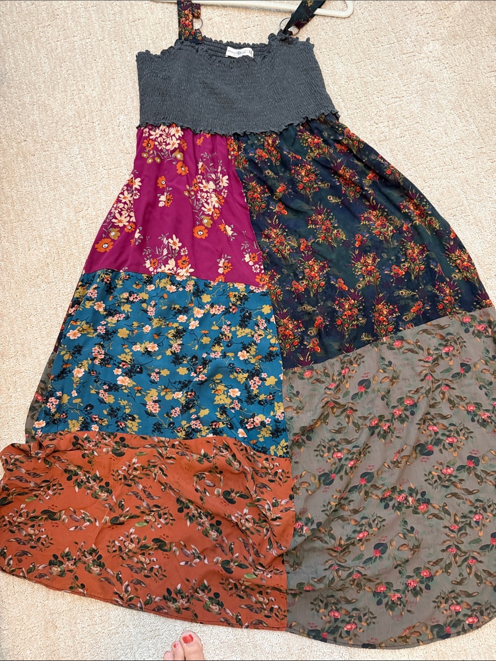 NATURAL LIFE Patchwork Floral Maxi Skirt in Teal, Magenta, Navy, Rust and Gray